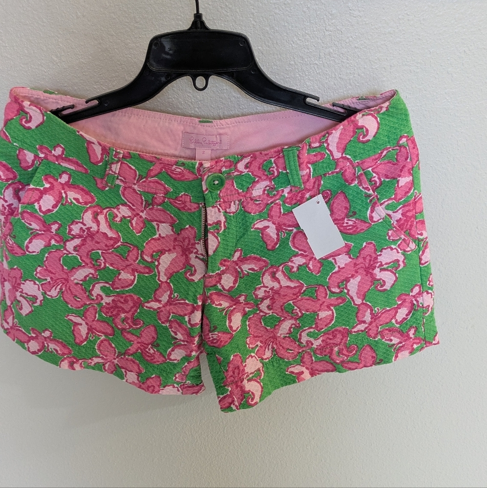 LILLY PULITZER Womens Textured Floral Butterfly Green Pink Mini Summer Shorts 2